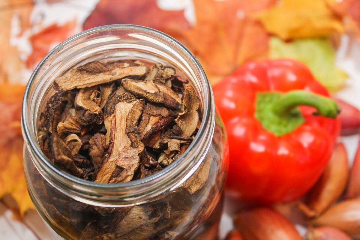 Jar of dried wild mushrooms, a staple ingredient in Polish cooking, used to flavor many traditional Polish dishes like soups and stews. Photo by kalorycznie.org