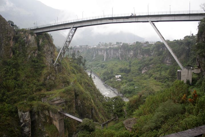 A high bridge across a river in Banos where tourists can bungee jump if they're looking for an adventurous thing to do in Ecuador. 