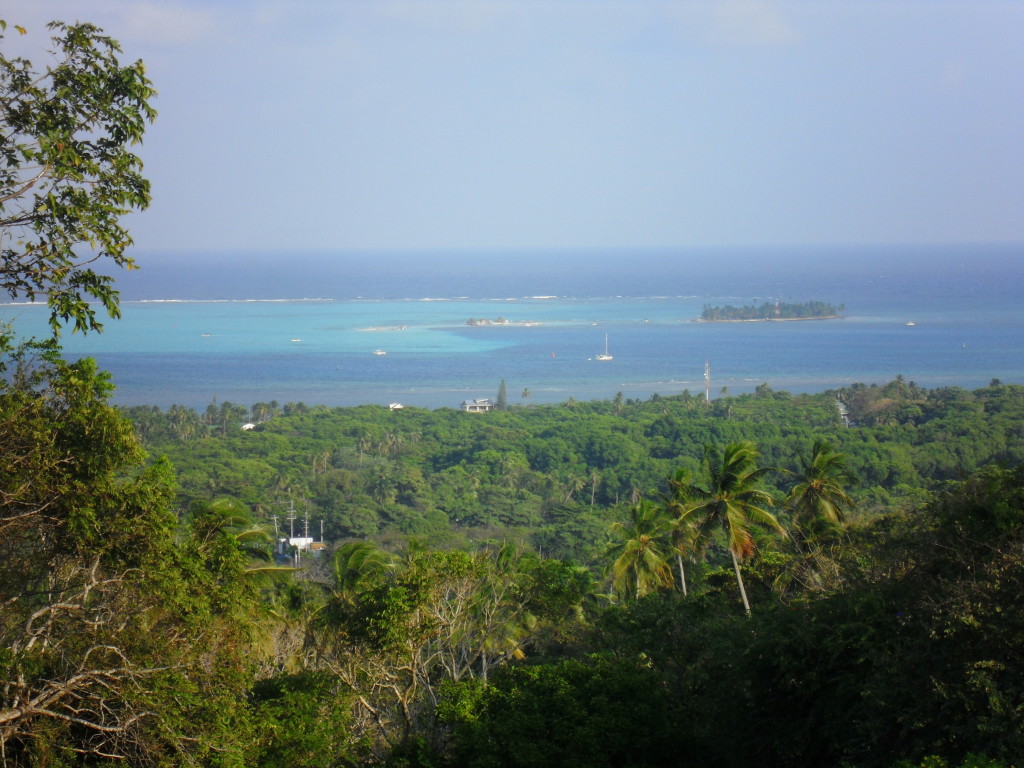 Breathtaking view from a high vantage point on San Andres Island, showcasing the lush green landscape, turquoise Caribbean waters, and distant coral islets that you can explore in this in this guide to San Andres Island