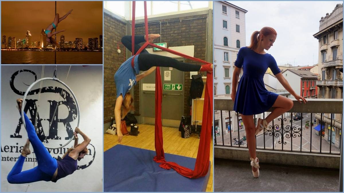 Lady with psoriasis practising pole fitness in different places.