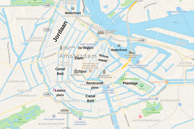 Close-up map view focusing on Amsterdam's Canal Belt, Jordaan, and Leidseplein, key areas for visitors deciding where to stay in Amsterdam.
