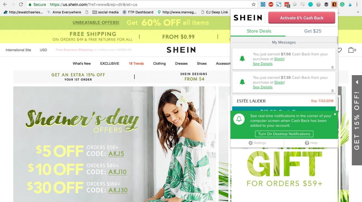 Shein site for dresses with the Ebates discount code on top right.