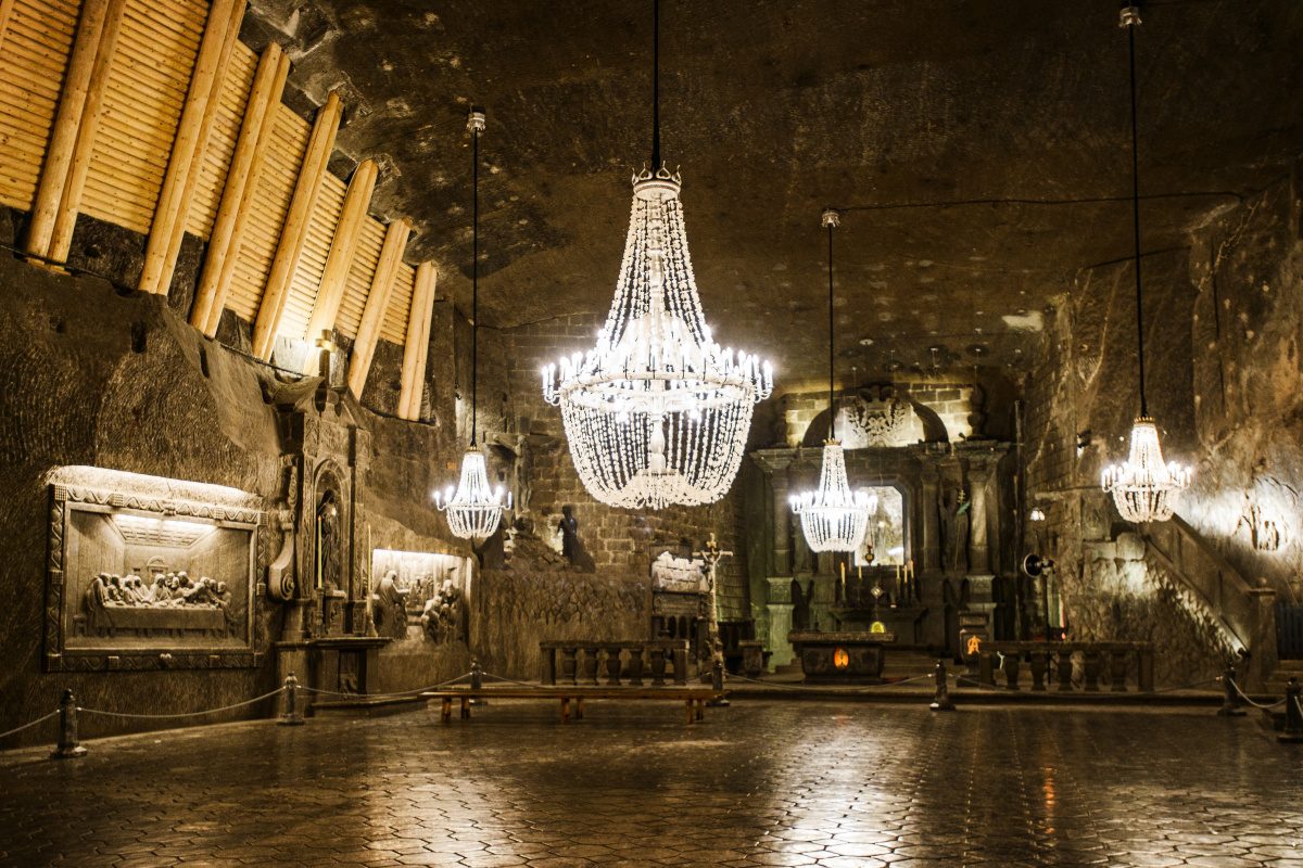 The magnificent Wieliczka Salt Mine, with its grand chandeliers and carved salt walls, offers a unique subterranean experience in Poland.
