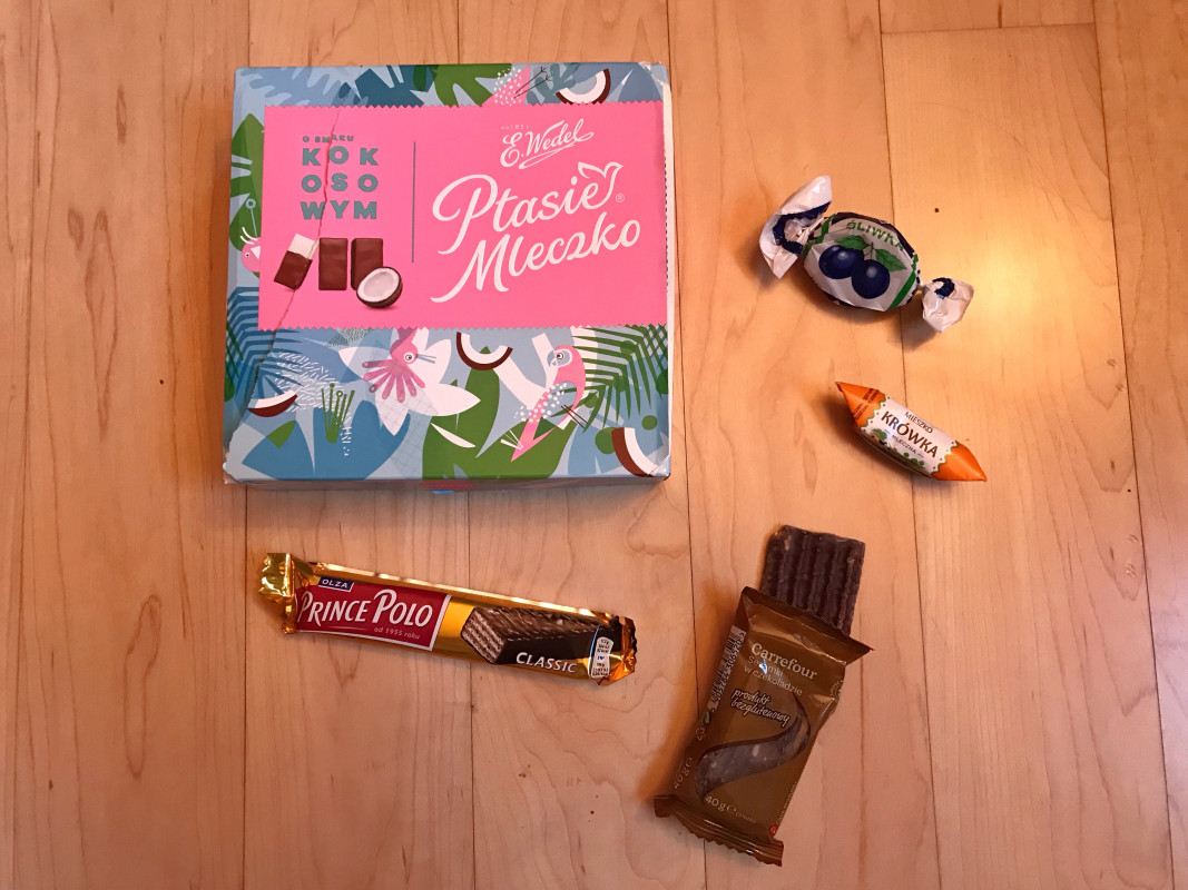 Assorted traditional Polish sweets and chocolate, including Ptasi Mleczko and Prince Polo, arranged on a wooden surface, showcasing Poland's favorite confectioneries.