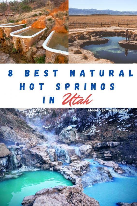 Collage promoting the '8 Best Natural Hot Springs in Utah,' featuring captivating images of unique geothermal pools.

