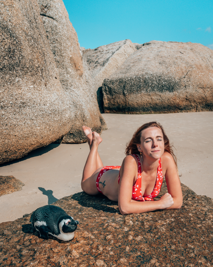 Traveler relaxing on the sand next to an African penguin at Boulders Beach in Cape Town, representing the close-up interactions with nature that the city's beaches provide.