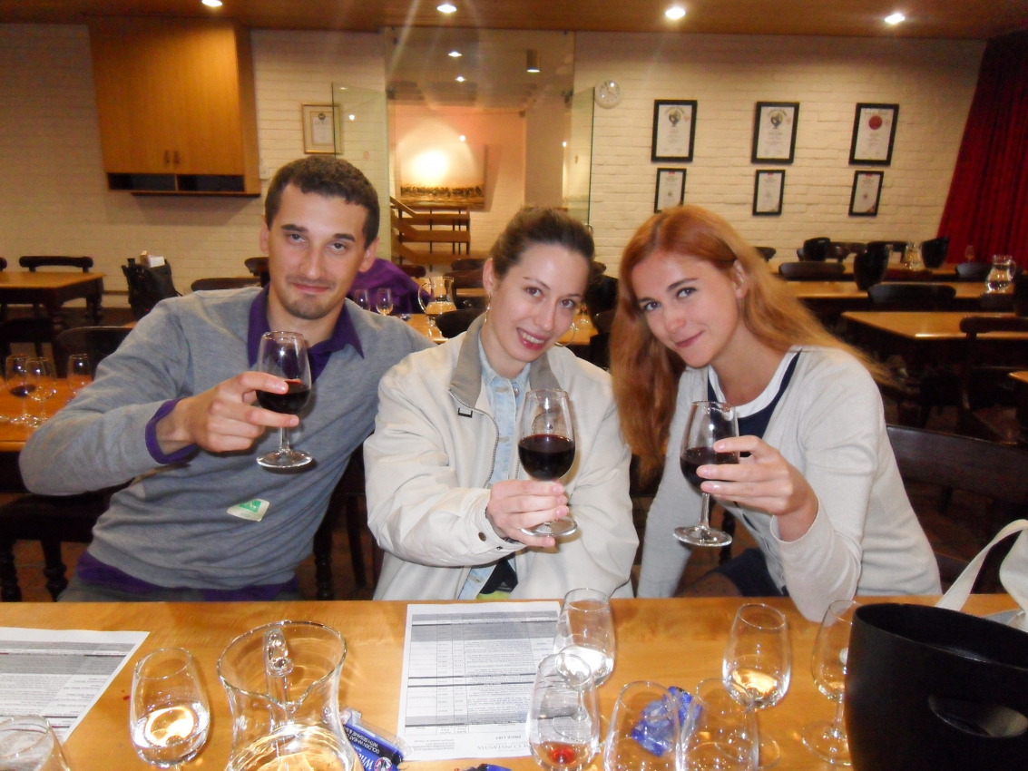 Three friends toasting with red wine at a Cape Town wine tasting event, a fun social activity and a must-do for visitors looking to experience the local viticulture.