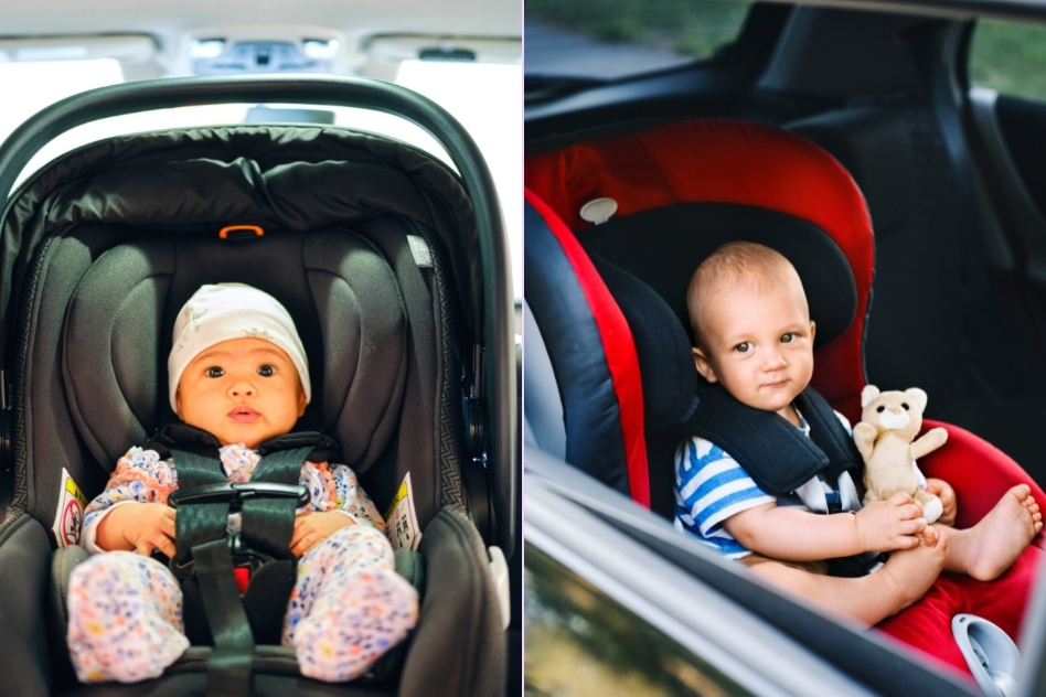 Two images contrasting a baby secured in a car seat with European vs American car seat straps