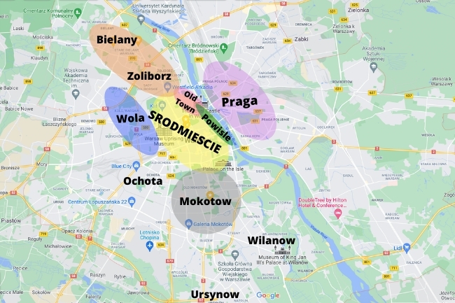 Colorful map highlighting districts in Warsaw, perfect for planning where to stay in Warsaw.
