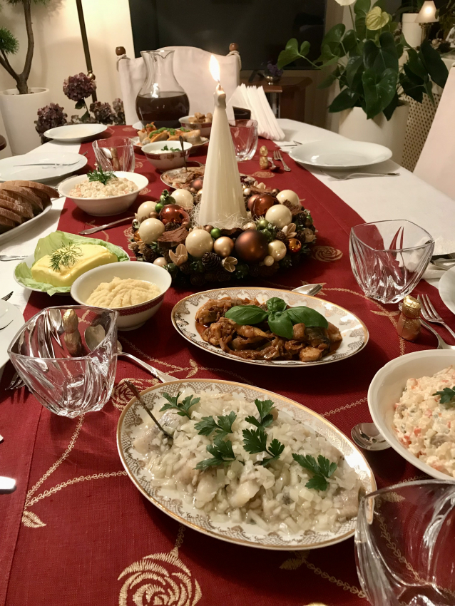 Table with 12 dishes set for Wigilia - Polish Christmas Eve