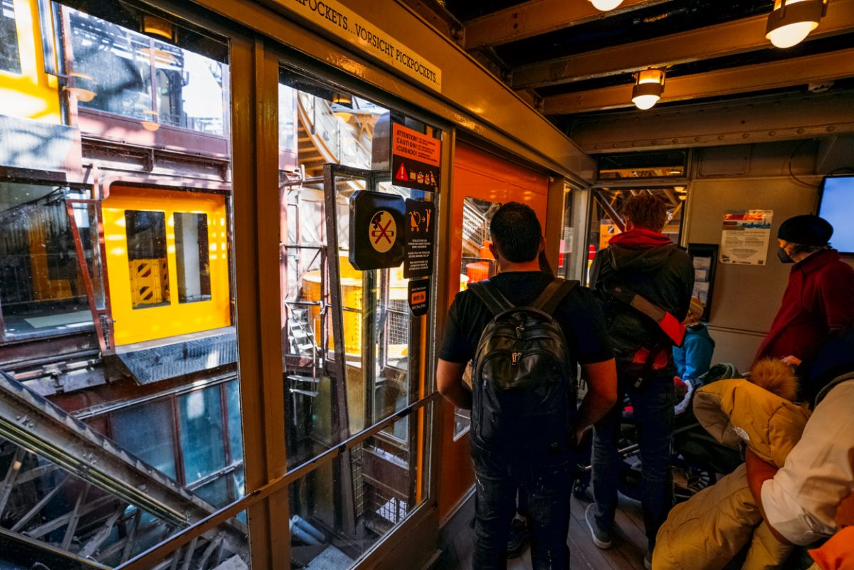 Inside of the elevator to the top of the Eiffel Tower