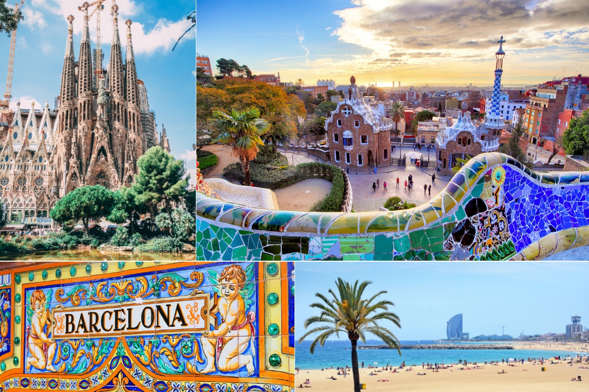 A vibrant collage featuring Barcelona's iconic landmarks such as the Sagrada Familia and Park Güell, perfect for families visiting Spain with a toddler.
