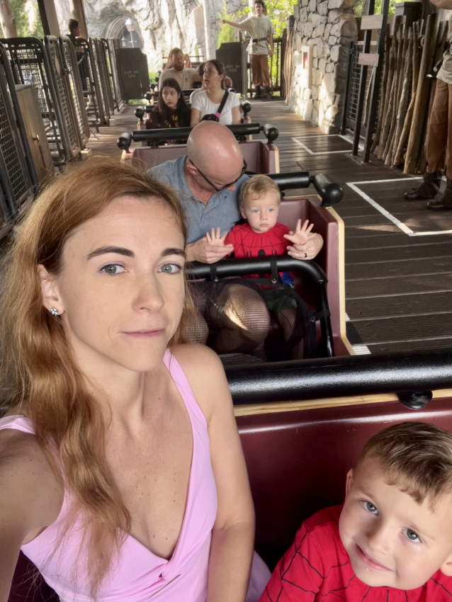 Selfie of a mother with her children on a ride, capturing the excitement of exploring Universal Studios Orlando with toddlers.
