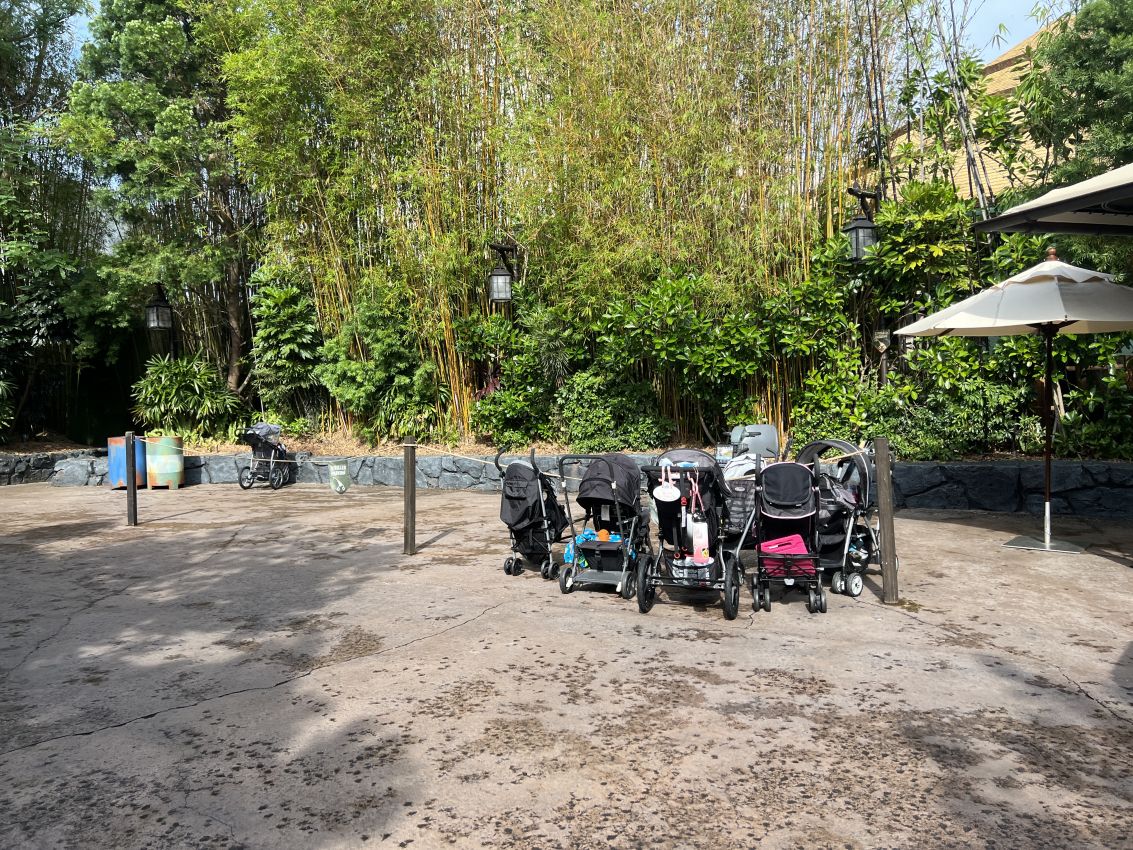 Strollers parked conveniently for families to explore the tropical landscapes, a helpful amenity for visitors at Universal Studios Orlando with toddlers.
